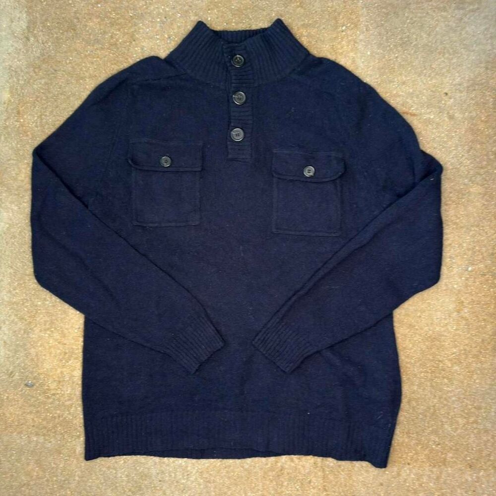 Jcrew Men's Navy Wool button mock neck sweater